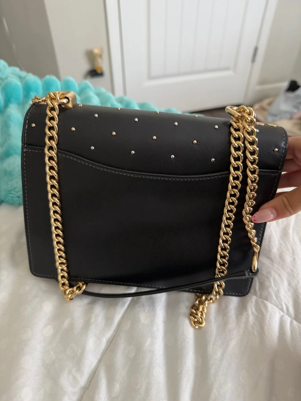 Coach Black Leather Studded Chain Shoulder Bag with Matching Black Wallet - Picture 3 of 6